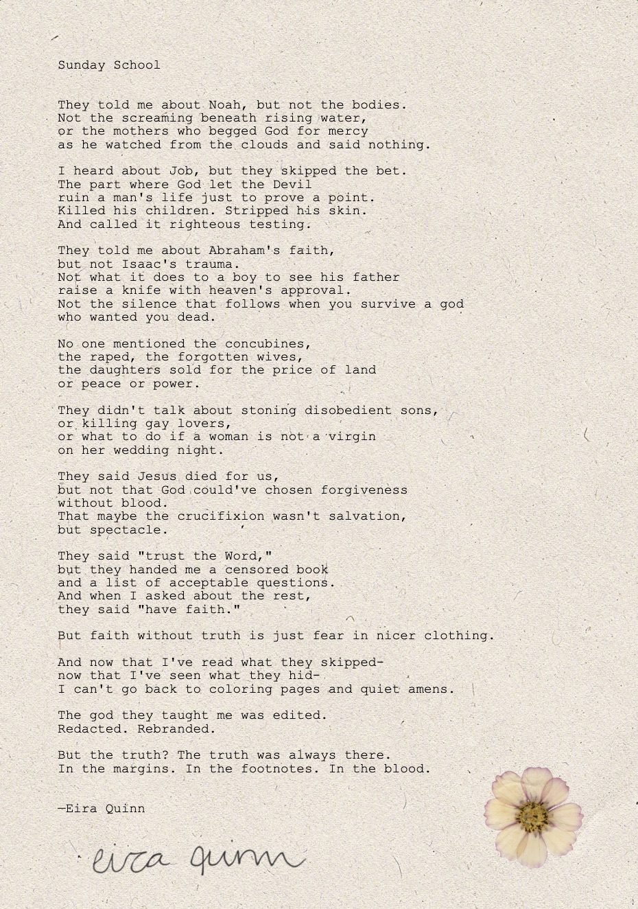 Sunday School typed on handmade paper